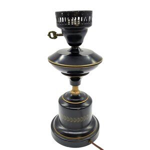 Vintage Black & Gold Toleware Metal Table Lamp Base Laurel Motif and Key